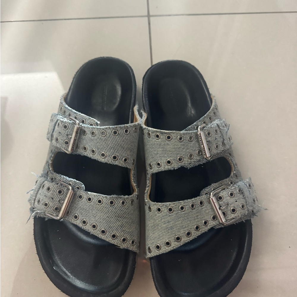 Isabel Marant Denim Lennyo Double-Strap Slide Sandals